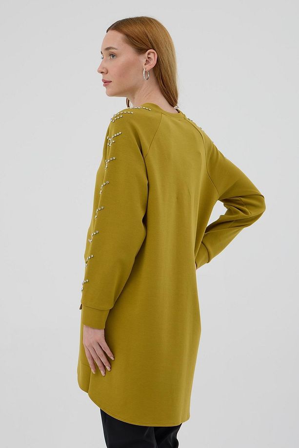 Kolları Çakma Taşlı Önü Cepli Sweatshirt - Yağ Yeşili - 5