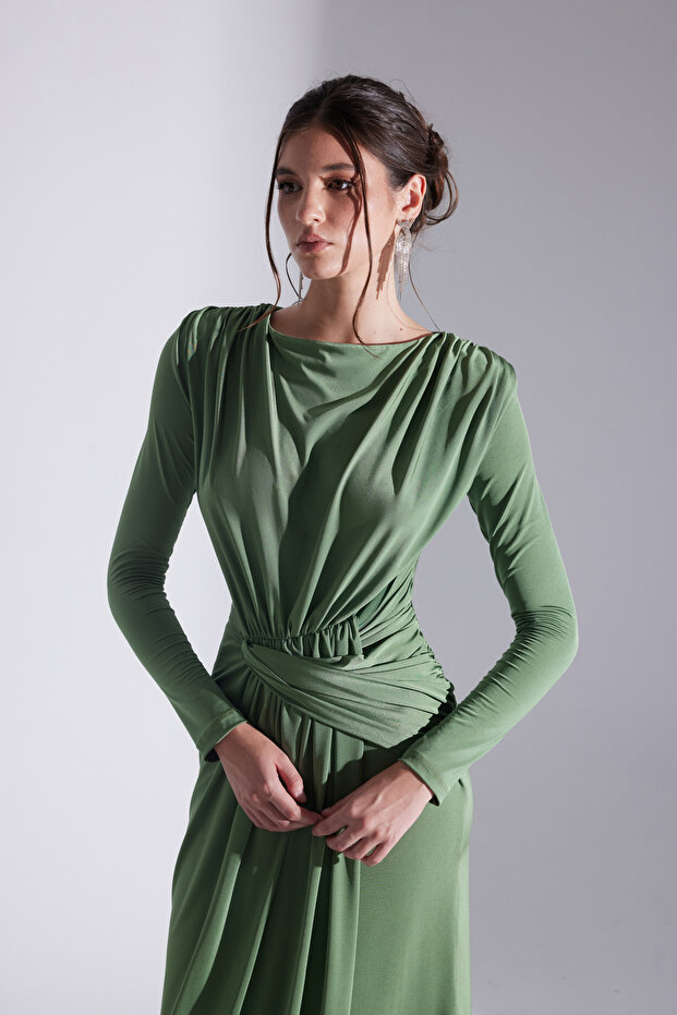 HAILEY SİYAH DRAPELİ UZUN ELBİSE - 2