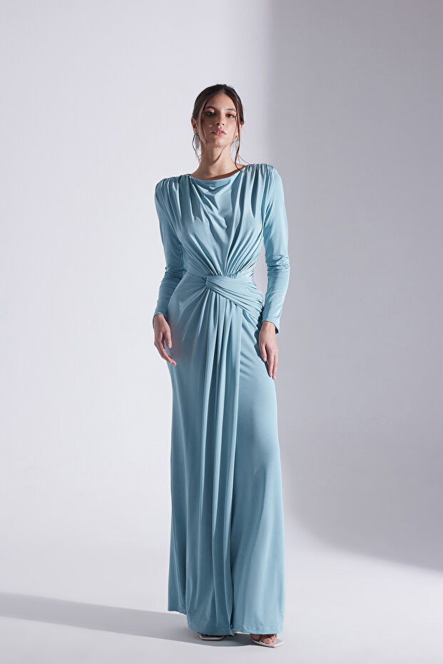 HAILEY SİYAH DRAPELİ UZUN ELBİSE - 1