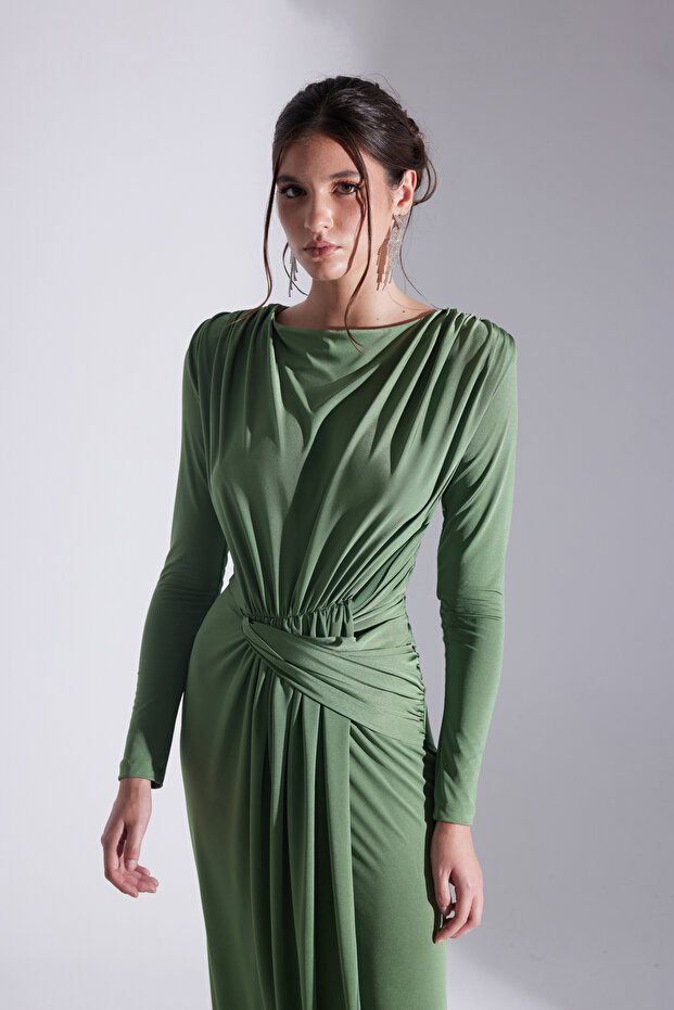 HAILEY SİYAH DRAPELİ UZUN ELBİSE - 3