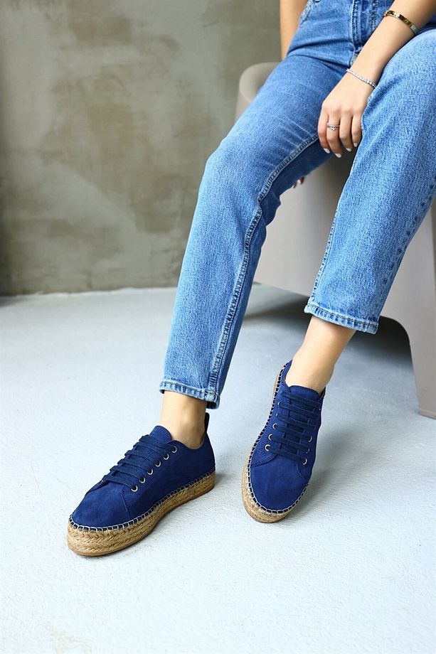 Daria Kot Mavi Hakiki Süet Bağcıklı Kadın Espadril Ayakkabı - 4