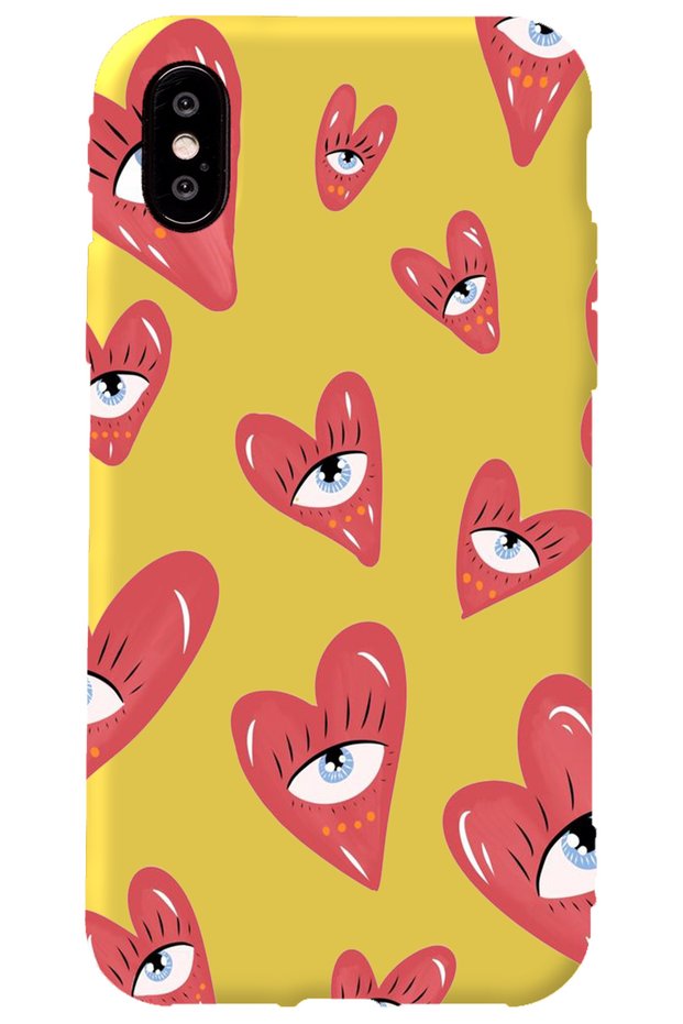 iPhone XS Yellow Inside Velvet Heart Eye Girl Power Patterned Silicone Phone Case