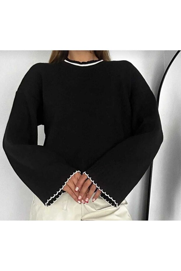 سترة نسائية أساسية ذات رقبة دائرية سوداء اللون ذات ملمس ناعم - 2