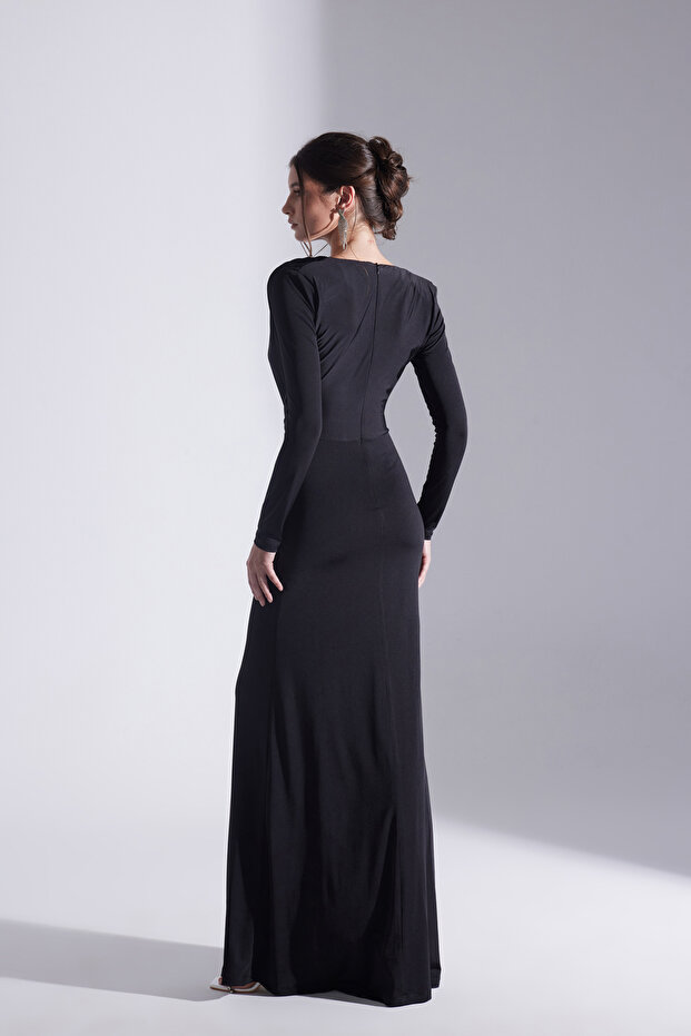 HAILEY SİYAH DRAPELİ UZUN ELBİSE - 4