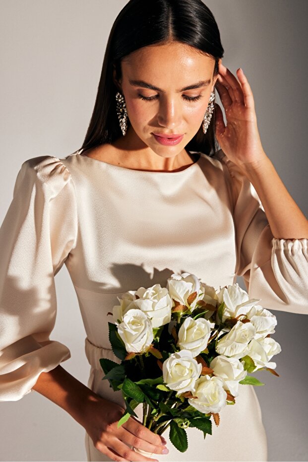 DIANA ECRU-Kleid mit Ballonärmeln und Steingürtel - 6