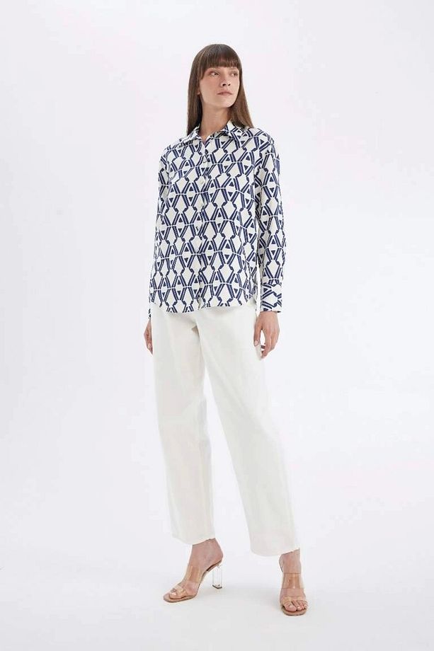 D4511 Oversize Fit Desenli Uzun Kollu Gömlek - 1
