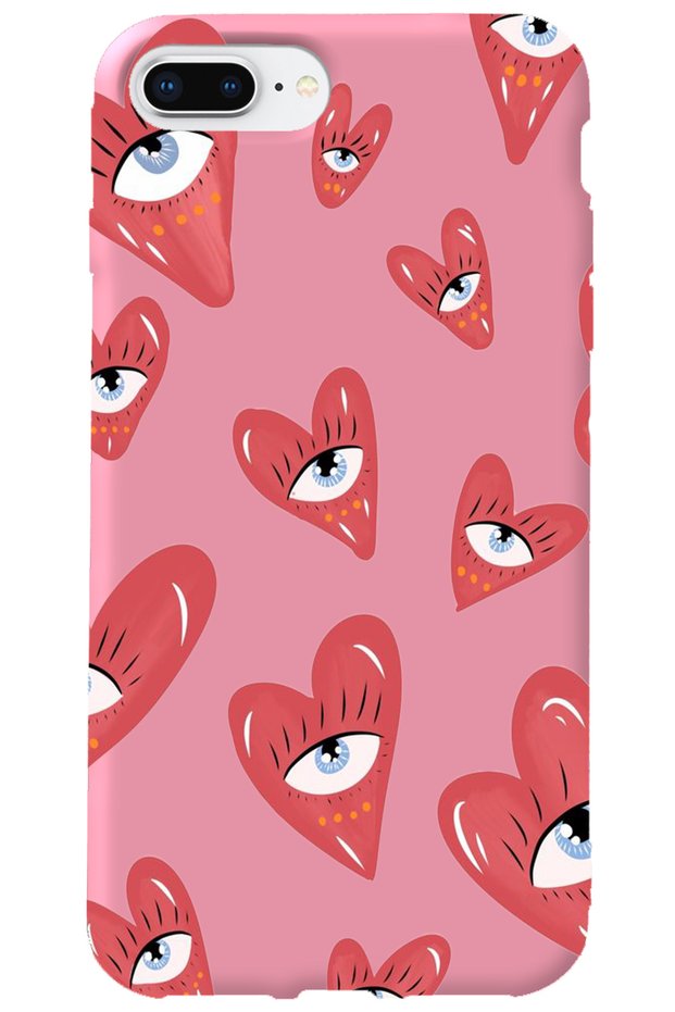 iPhone 7 Plus Pink Inside Velvet Heart-Eyed Girl Power Patterned Silicone Phone Case