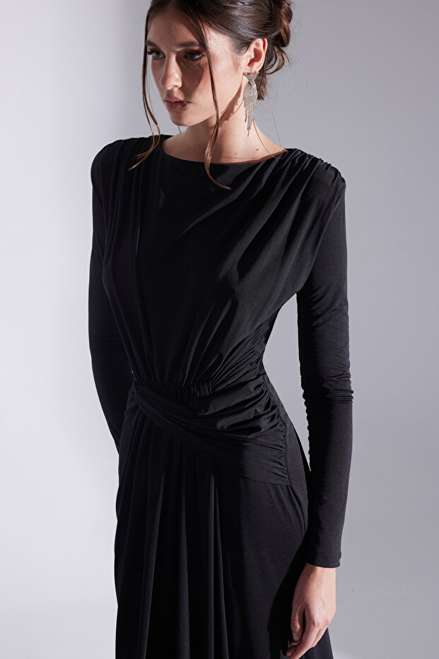 HAILEY SİYAH DRAPELİ UZUN ELBİSE - 3