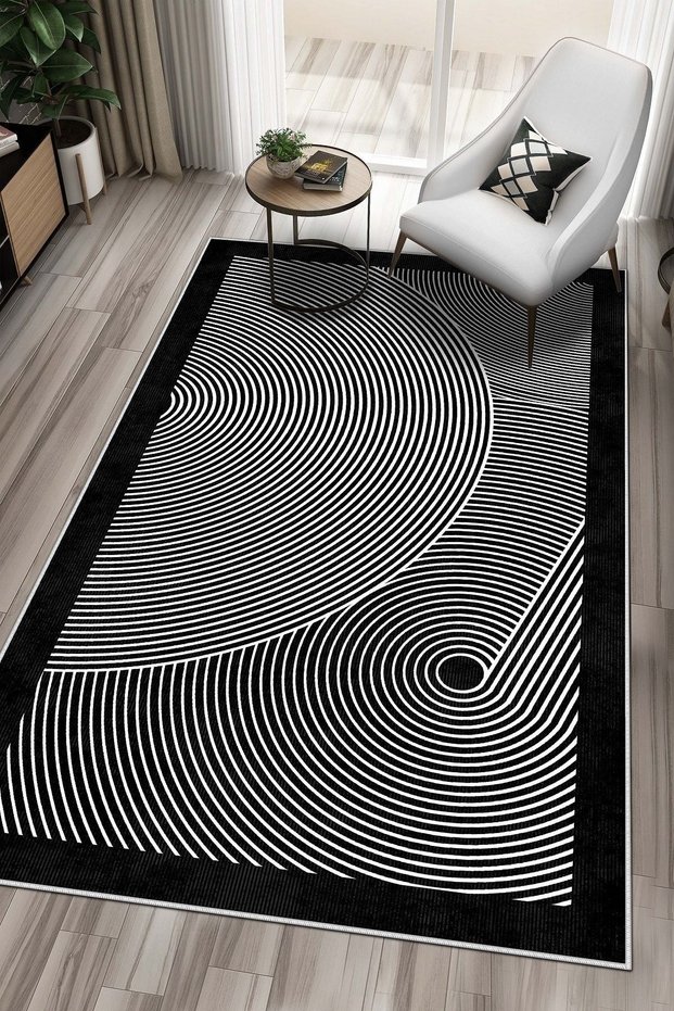 Machine Washable Non-Slip Base Stain Resistant Modern Black Kitchen Carpet Living Room Carpet and Floor Mat