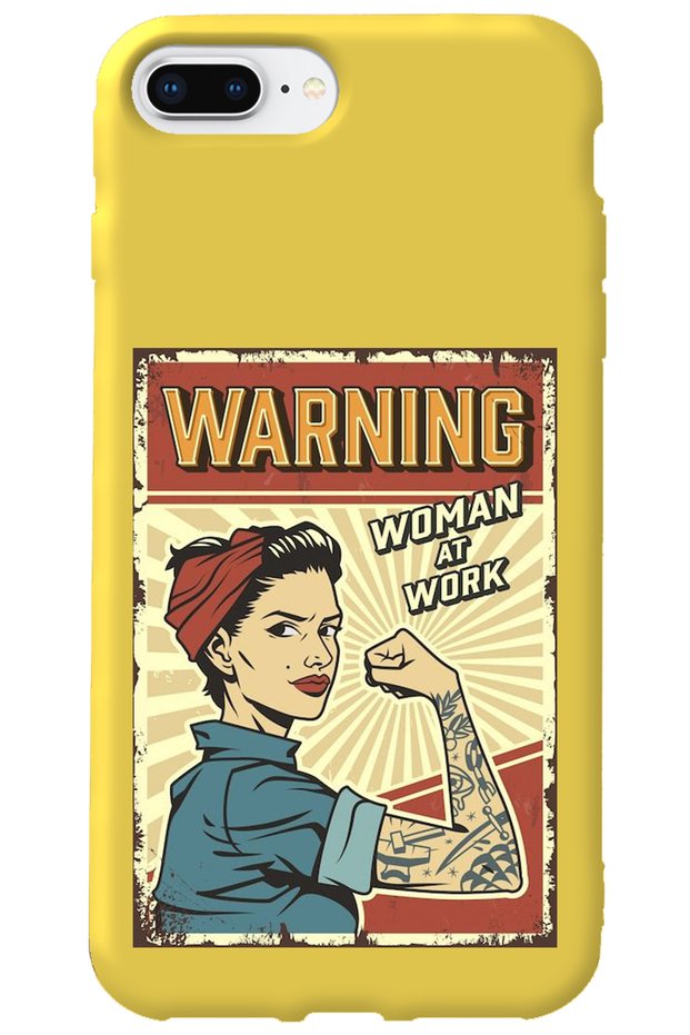 iPhone 8 Plus Yellow Inside Velvet Warnıng Girl Power Patterned Silicone Phone Case