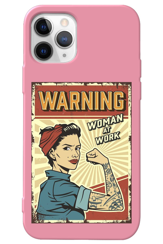 iPhone 12 Pro Max Pink Inside Velvet Warnıng Girl Power Patterned Silicone Phone Case
