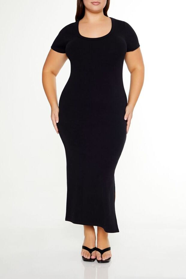 Plus Size Yan Yırtmaçlı Midi Elbise - 1