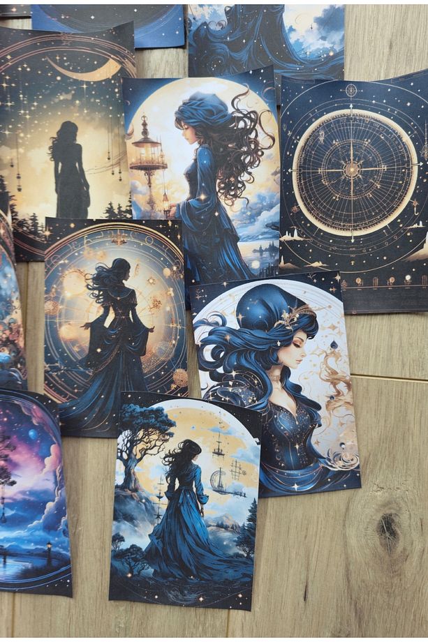 15 Adet Siyah Gece Kadın Ay Temalı Scrapbook Kağıt Seti Bullet Journal Dekupaj Kağıdı - 6