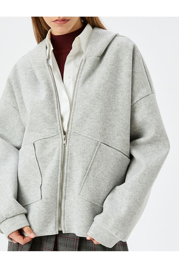 Oversize Fermuarlı Hırka Kapüşonlu Cep Detaylı - 5