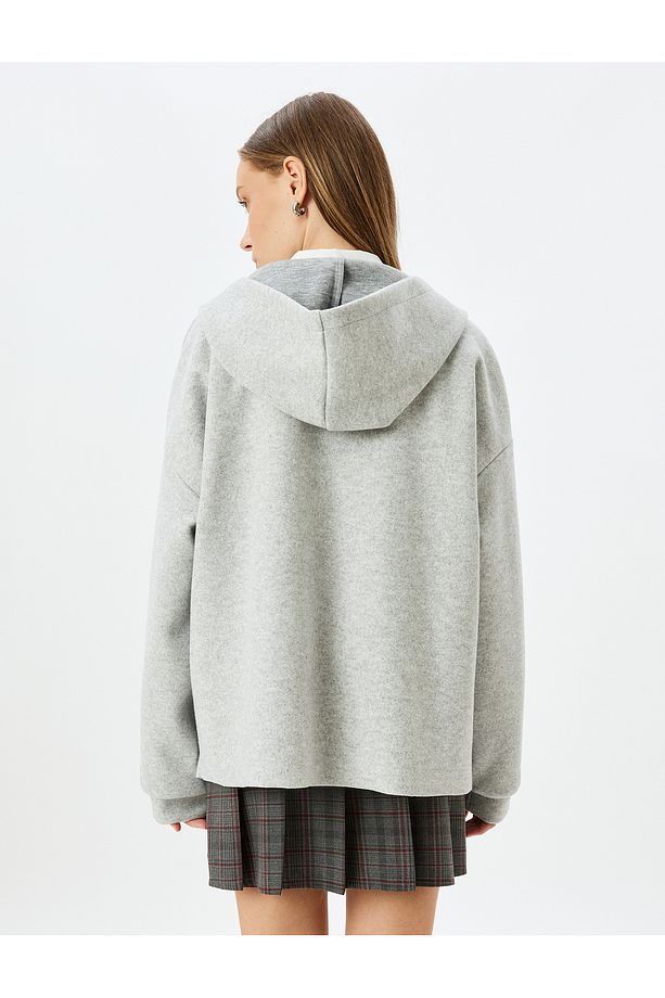 Oversize Fermuarlı Hırka Kapüşonlu Cep Detaylı - 4
