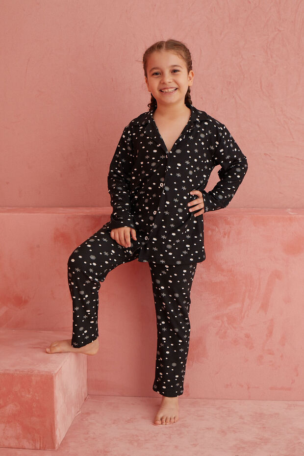 Black Star Patterned Front Buttoned Suede Pajama Set - 3