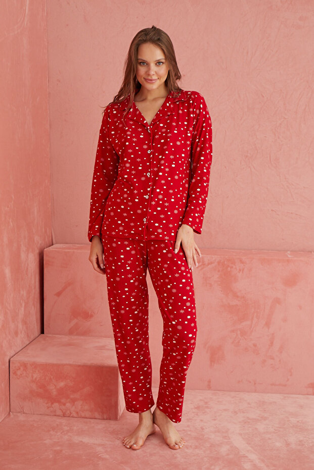 Kırmızı Yıldız Desenli Önden Düğmeli Süet Pijama Takım - 2