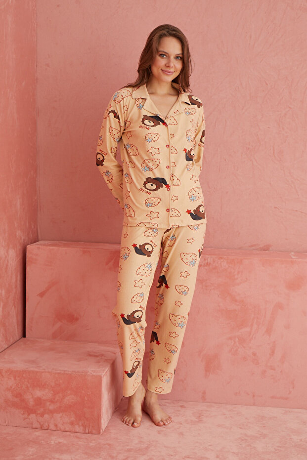 Salmon Bear Patterned Front Buttoned Suede Pajama Set - 2