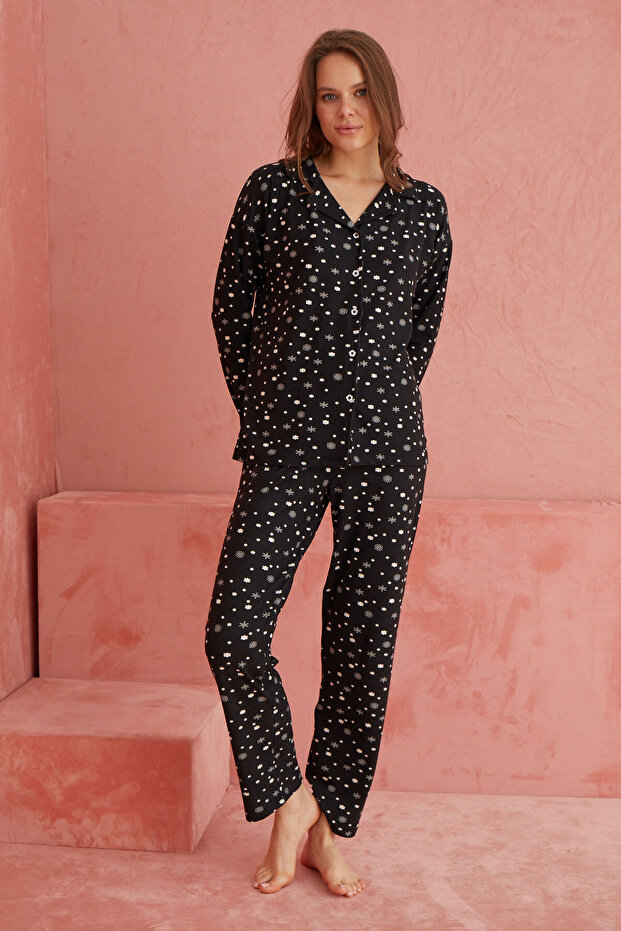 Black Star Patterned Front Buttoned Suede Pajama Set - 2