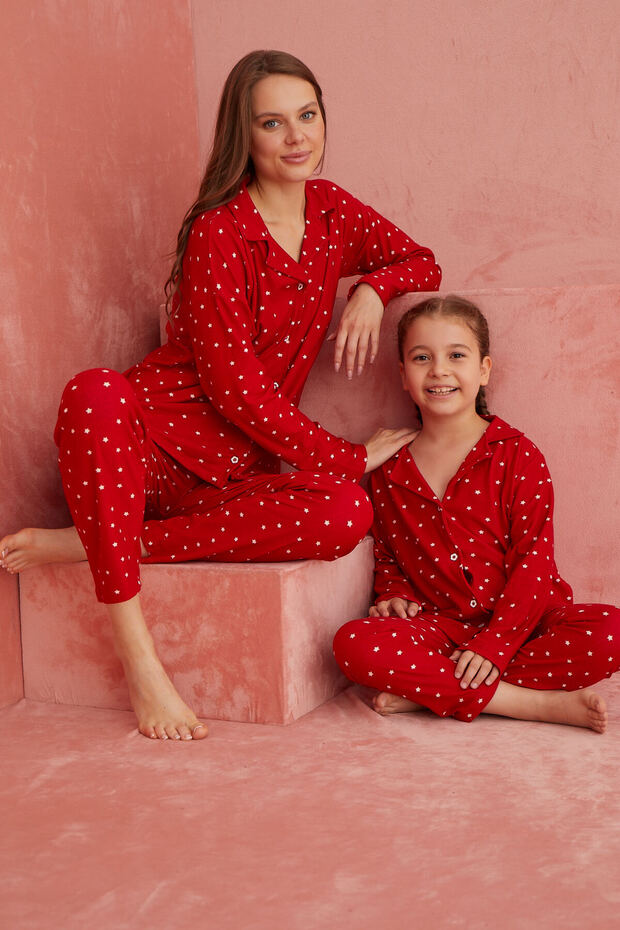 Red Star Patterned Front Buttoned Suede Pajama Set
