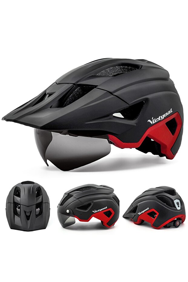 BlackRed VICTGOAL LED Bike Helmet With Sun Goggle Visor Rechargeable LED Men Bicycle Helmet Sunglass