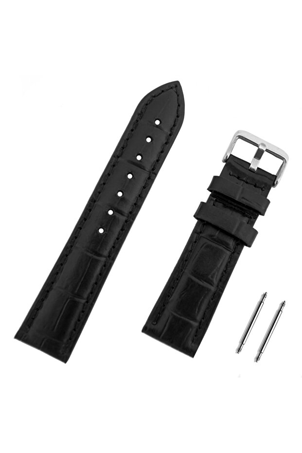 سوار ساعة تمساح من الجلد الطبيعي الأسود مقاس 24 ملم - حزام