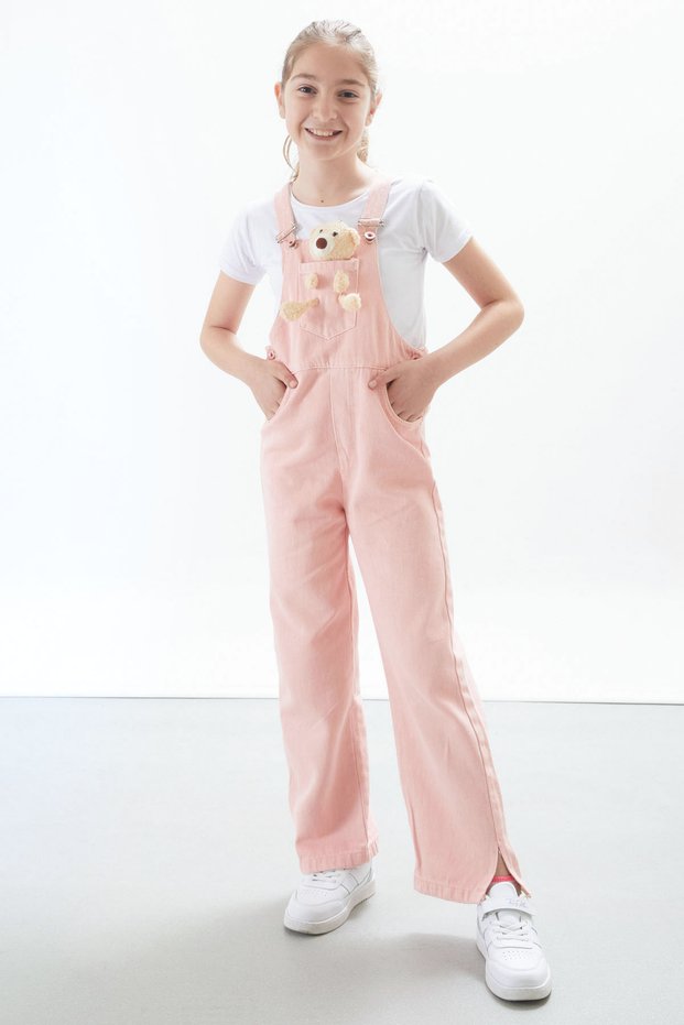 Pink Teddy Bear Pocket Slit Girl's Salopet Jumpsuit 17716