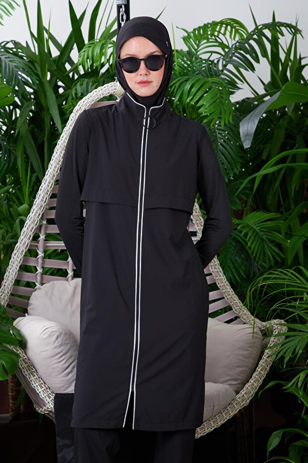 Gümüş Şeritli Tesettür Mayo - Siyah - 2