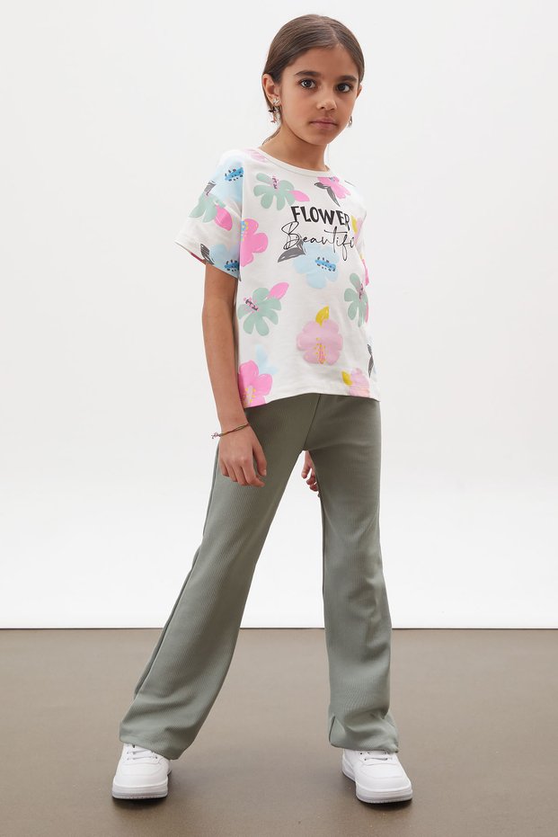Khaki Floral Printed Girl's Suit with Spanish Legs and Ribbed Tights 17999