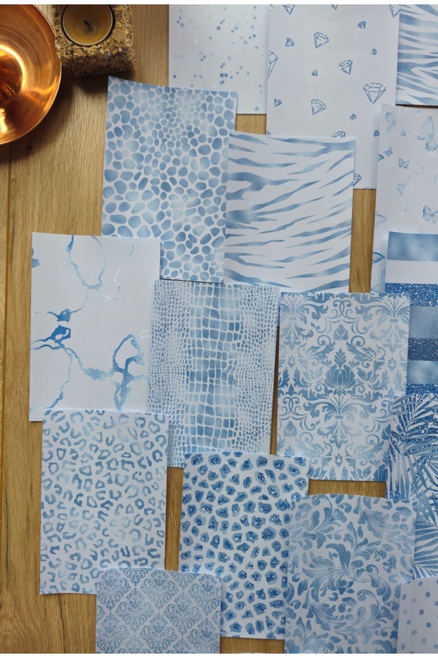 18 Adet Soft Mavi Desen Temalı Scrapbook Kağıt Seti Bullet Journal Dekupaj Kağıdı - 3