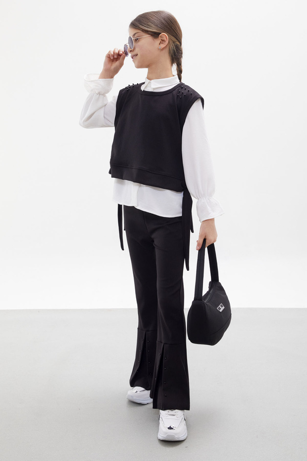 Black Sweater, Shirt, Bead Detailed, Slit and Tights Girl's Suit 18090