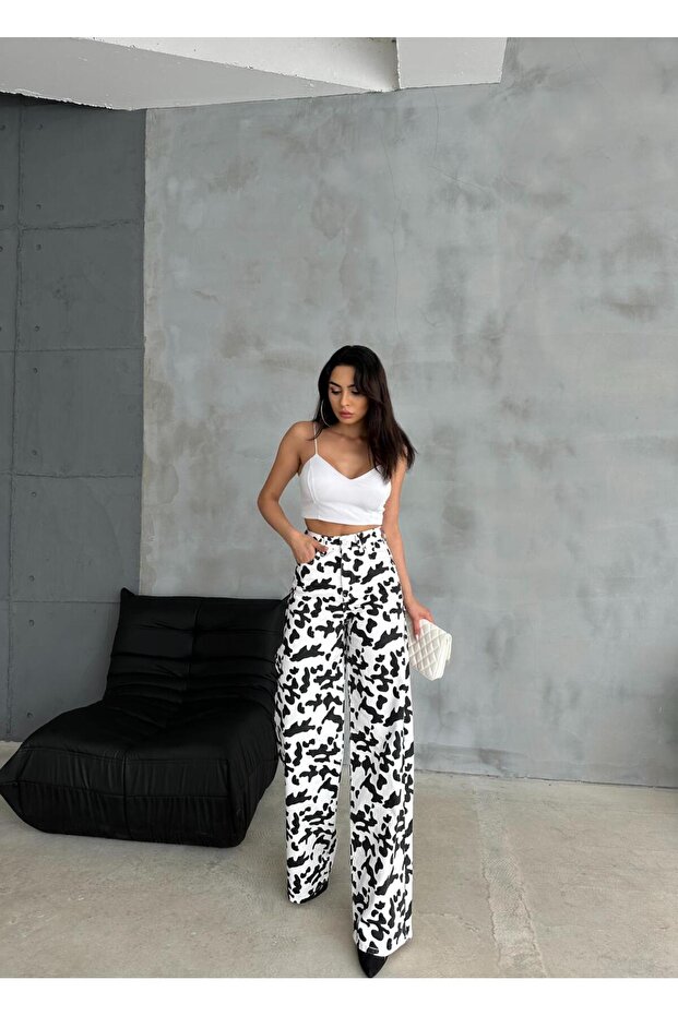 ZEO بنطال فضفاض أساسي - نمط بقرة أبيض وأسود - 2