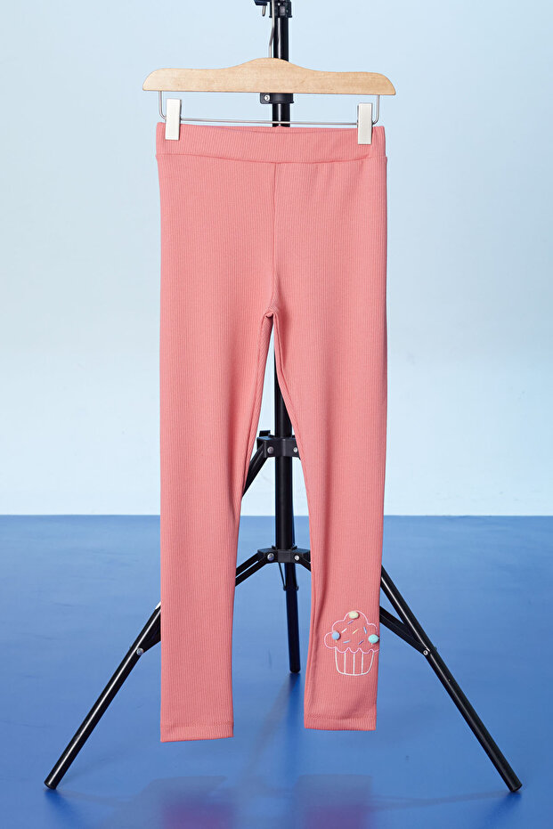 Salmon Cupcake Embroidered Ribbed Girl's Tights 18281
