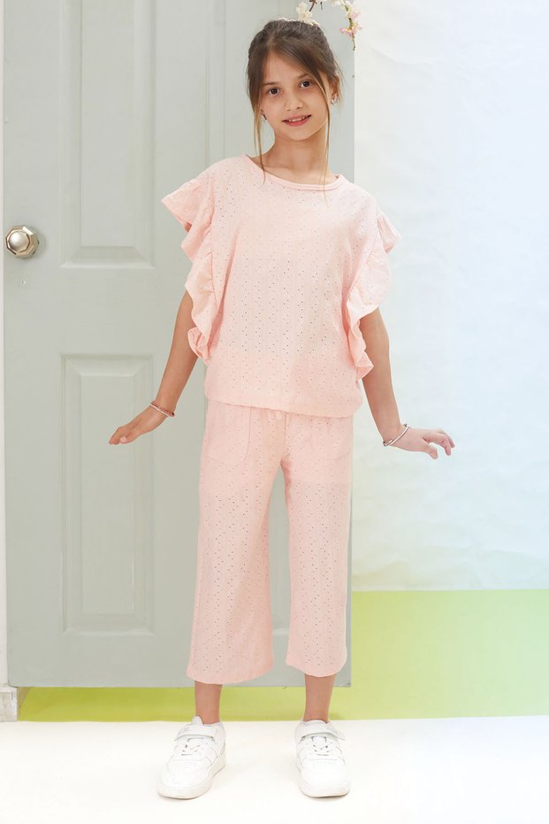 Pink Flounce Detailed Girl's Summer Suit with Blouse and Trousers 18536