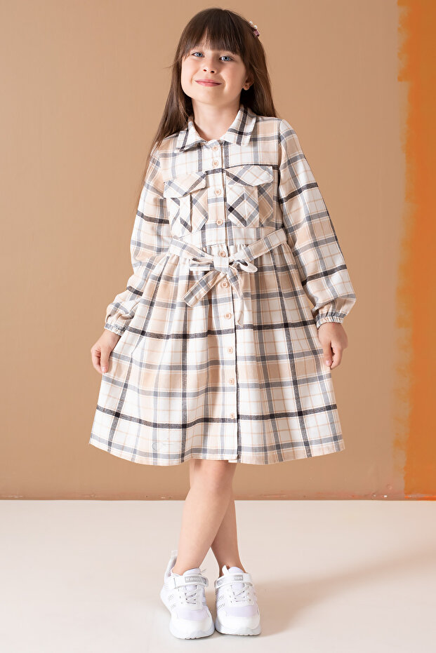 Coffee Color Striped Patterned Belted Long Sleeve Girls' Dress 19689