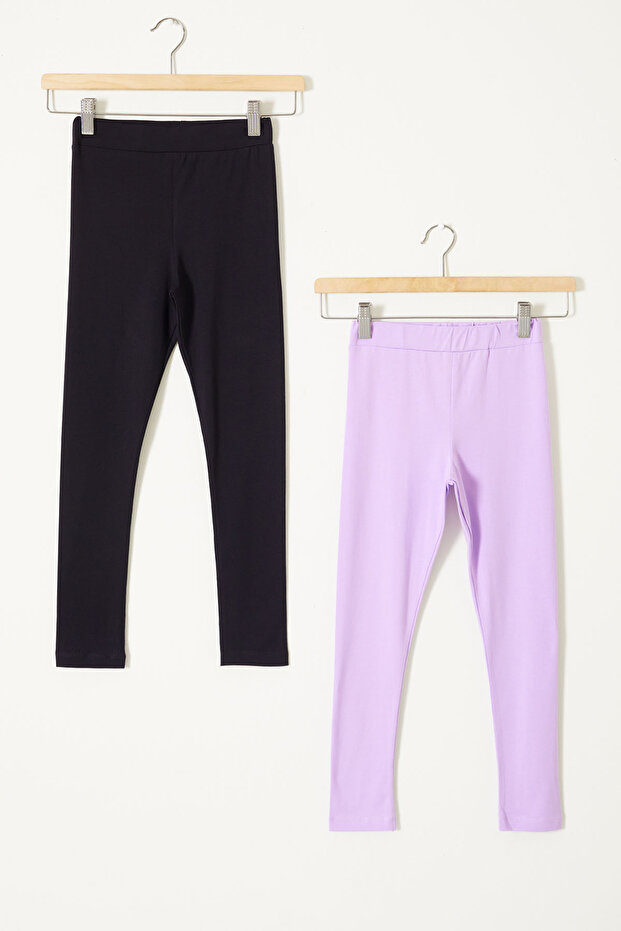 Girl's Lycra 2-Piece Plain Tights Black-Lilac 18119