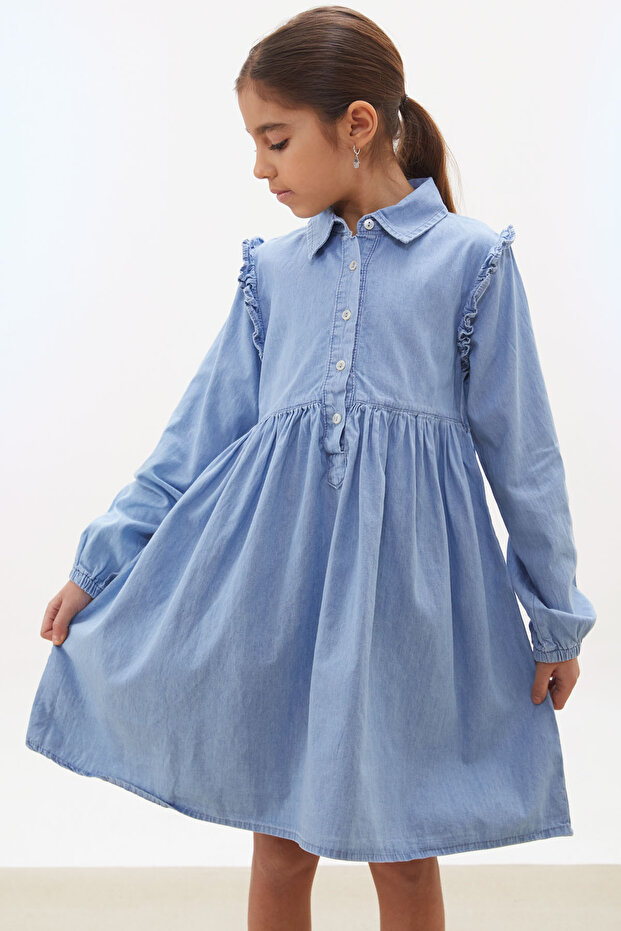 Blue Sleeve Ruffle Buttoned Girl's Long Sleeve Jean Dress 17932