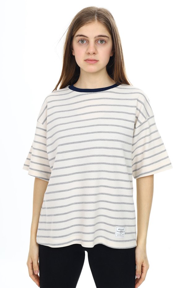 Navy Blue Striped Crew Neck Girl's Short Sleeve T-shirt 18381