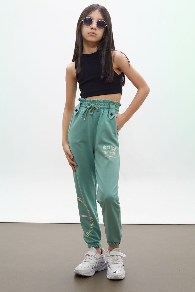 Green Colorfull Printed Girl's Sweatpants with Elastic Waist 17729