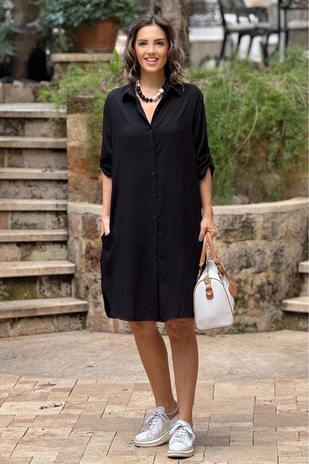 Black Color 100% Cotton Midi Shirt Dress