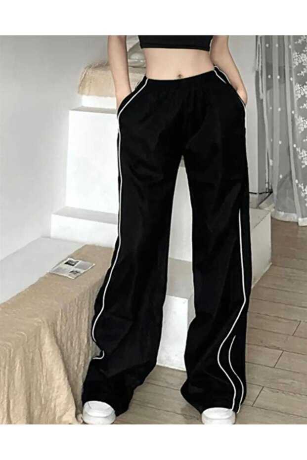 Harajuku Zip Detail Double Stripe Black Tracksuit Oversize Sweatpants