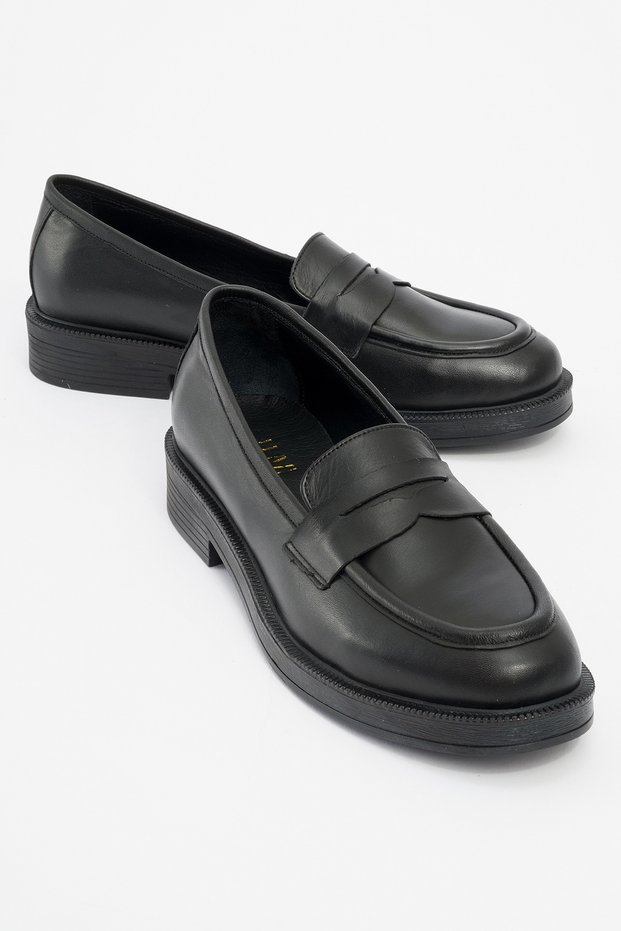 Pline Black Skin Genuine Leather Women's Loafer Shoes
