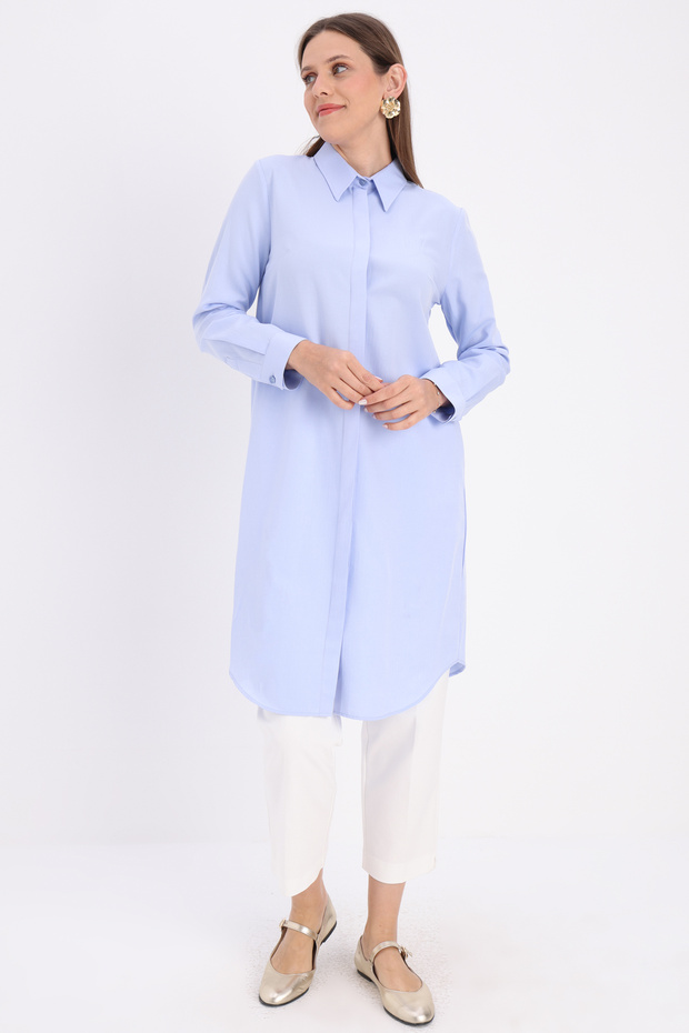 Blue Hidden Placket Cotton Shirt Tunic