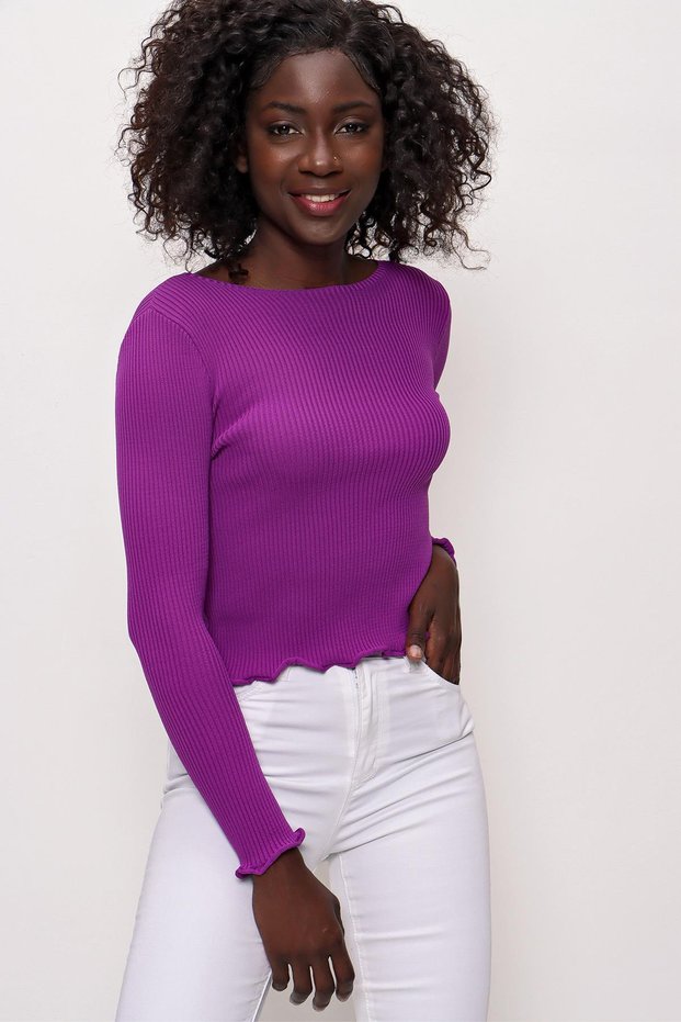Women's Crew Neck Frilly Thin Knitwear Sweater Purple 22sw305