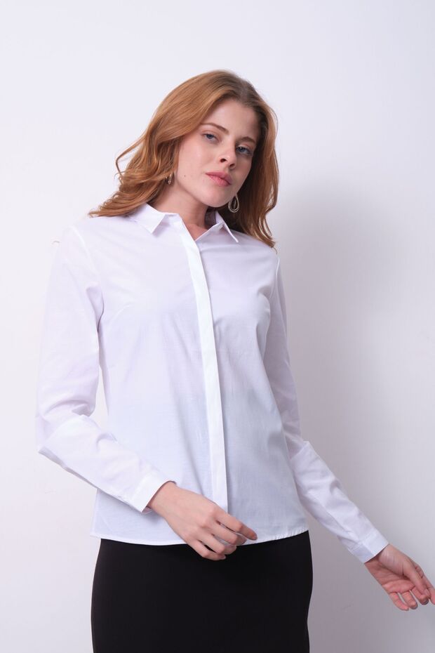 Kadın Basic Gizli Düğme Özellikli  Gömlek - 5