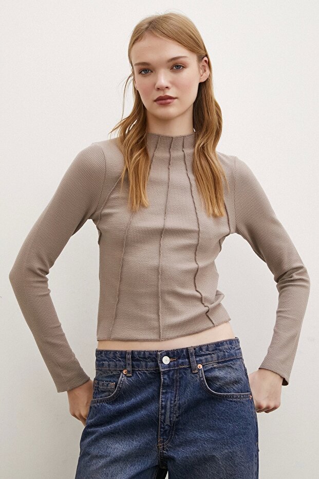 Önü Dikişli Bluz Vizon - 3