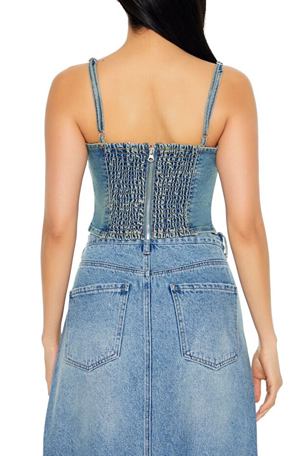 Denim Kalp Yaka Askılı Üst - 6