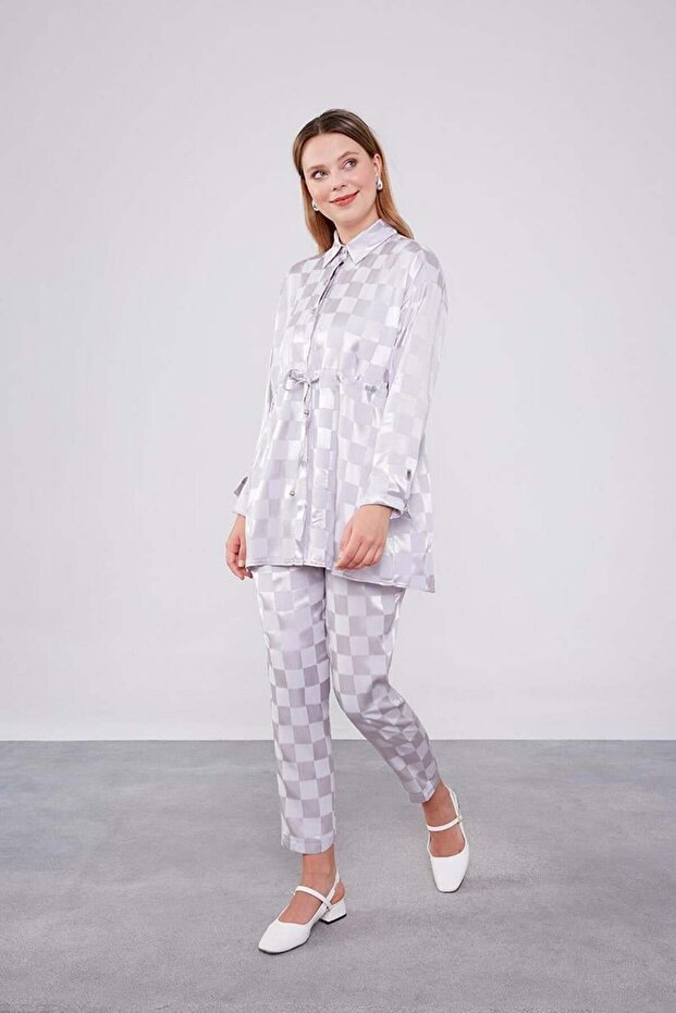 Geometric Pattern Double Set with Tunnel at the Waist - Gray - 2