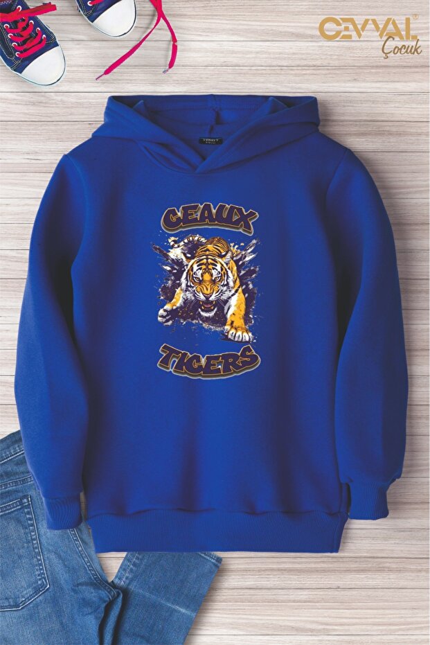 Tiger Printed Hooded Oversize Children's Sweat Shirt