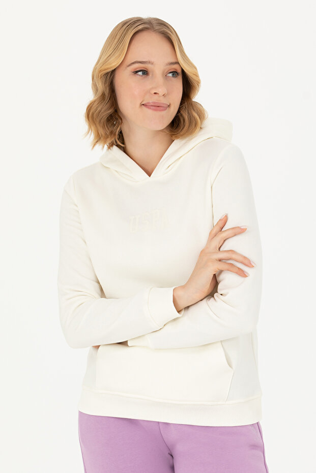 Women's Ecru Hooded Basic Sweatshirt 50271557 -Vr019